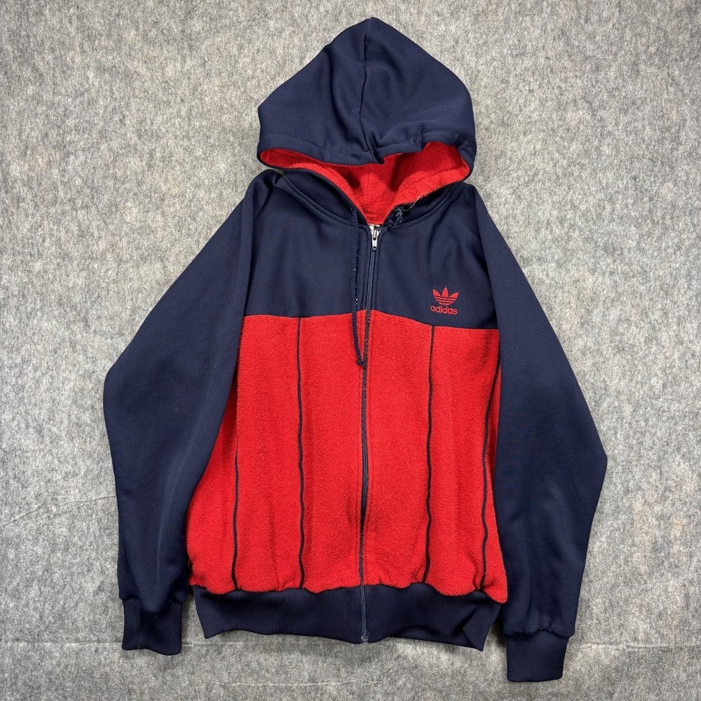 Vintage 1980s Adidas Hoodie Sweatshirt Medium Red Blue Terry Cloth‎ Tre Foil